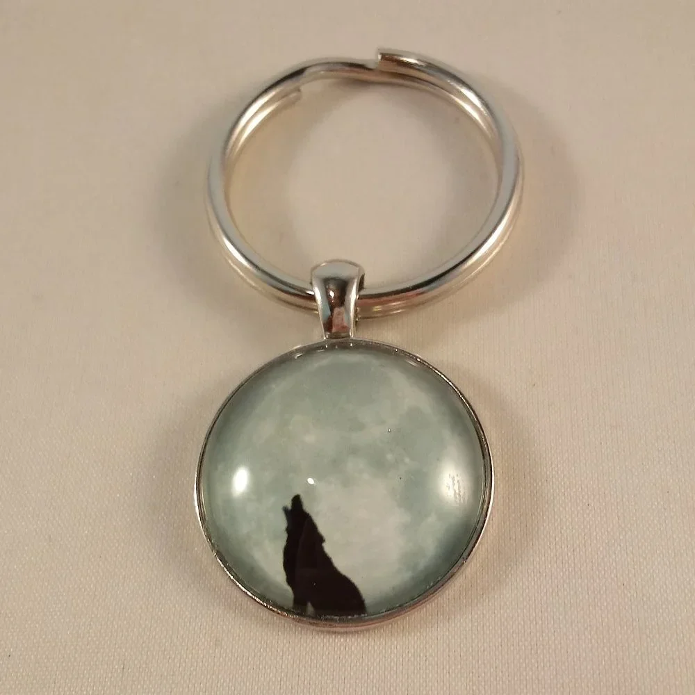 Men's Silver Howling Wolf Silhouette Cabochon Key Ring Party Gift